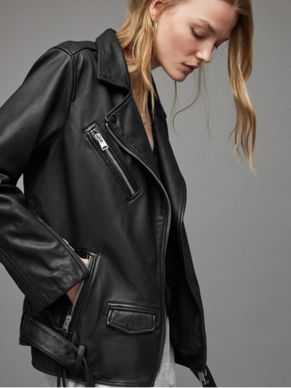 All Saints Oversized Billie Biker Black Leather Moto Jacket Womens Size M - Picture 3 of 10